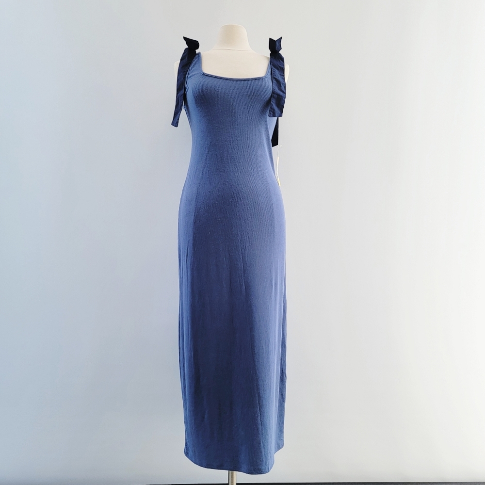 Summersalt Poplin Ribbed Tie Shoulder Blue Maxi Dress Size Large Minimalist